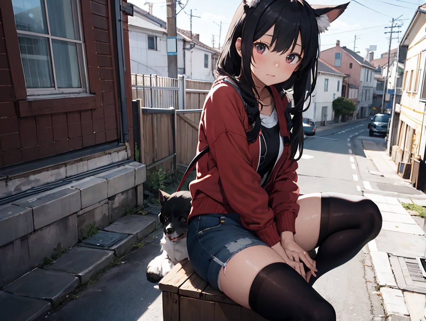 a woman sitting on top of a roof next to a tall building, an anime drawing, trending on cg society, realism, very beautiful anime (dog girl), akihiko yoshida. unreal engine, (dog ears), stunning anime face portrait,full body