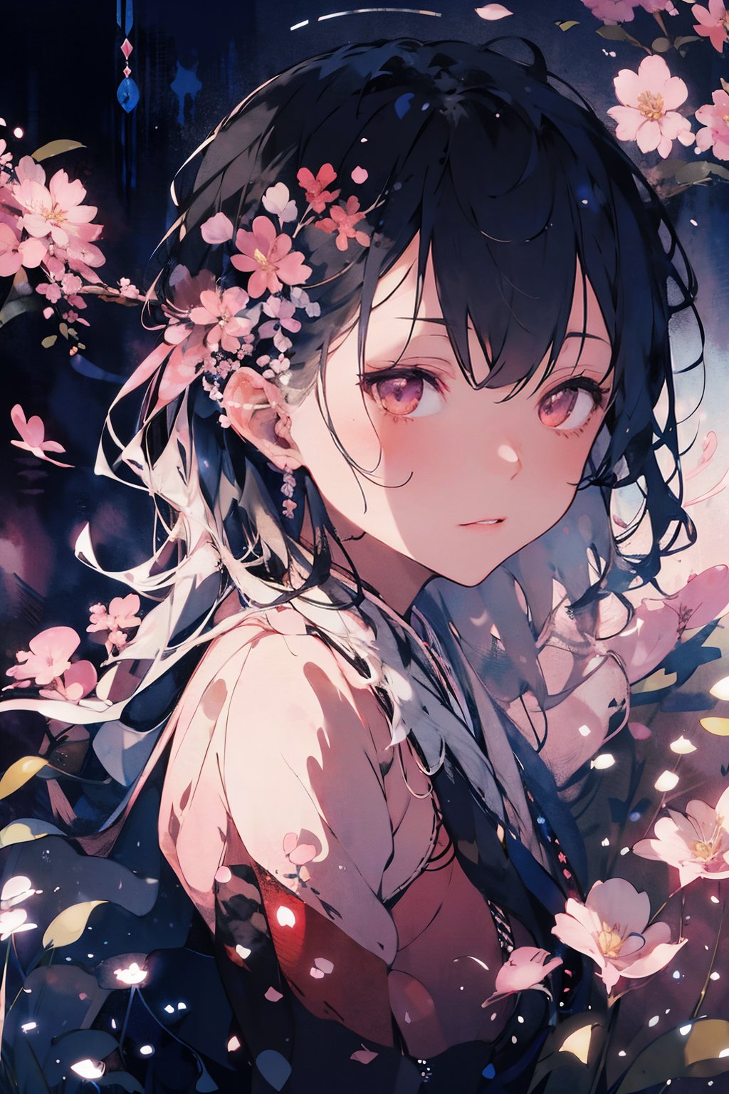 8k, (absurdres, highres, ultra detailed), (1lady:1.3), a close up of a woman's face surrounded by flowers, stunning anime face portrait, cgsociety 9, beautiful anime portrait, detailed portrait of anime girl, 🌺 cgsociety, gorgeous digital art, girl in flowers, pink flowers, wlop painting style, with frozen flowers around her, stunning cgsociety, portrait anime girl, art of wlop, beautiful anime style, 