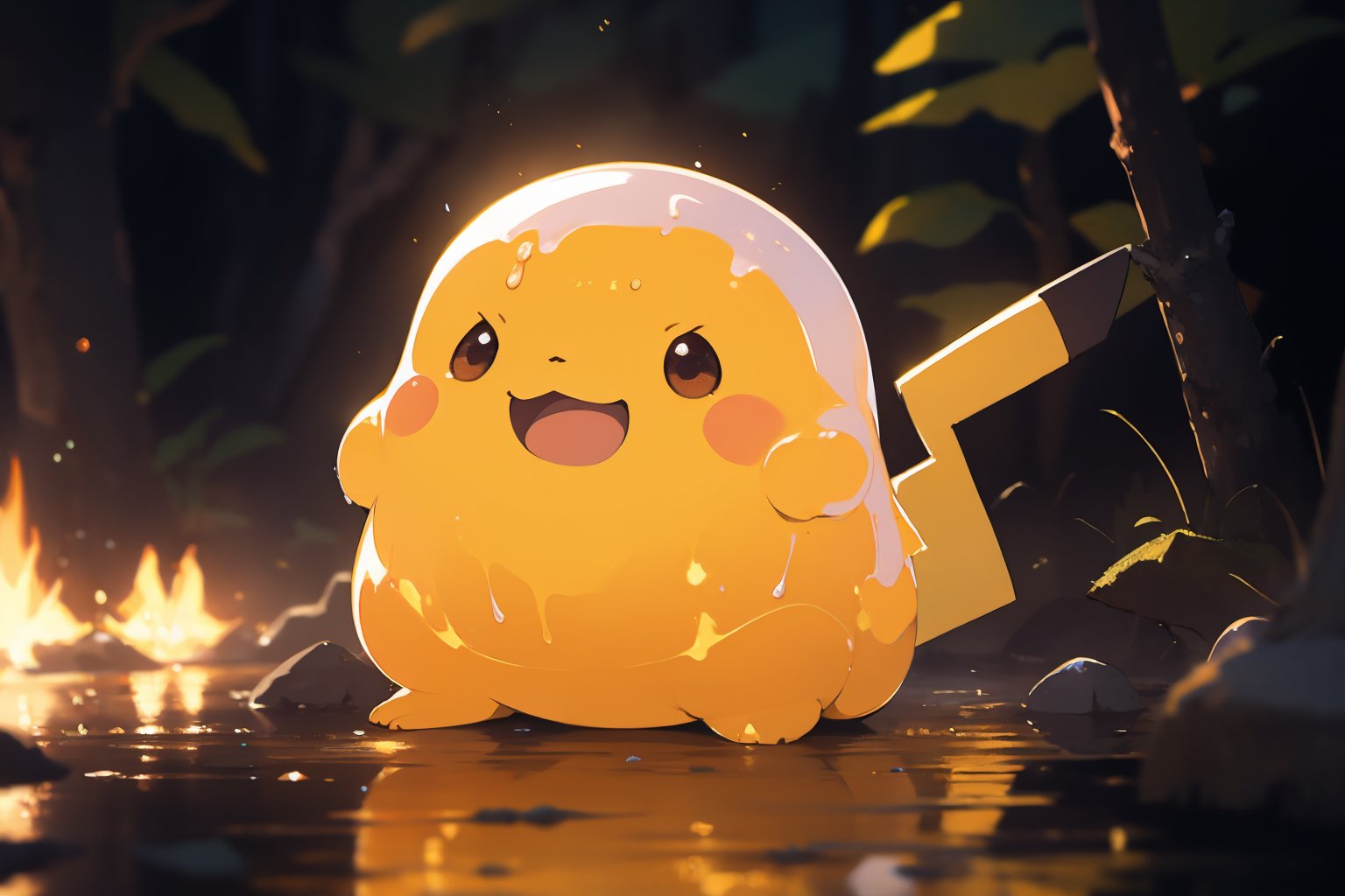 Pikachu slime model, witch slime pikachuin a forest, flowers, birds, butterfly, shiny background, slime, explosionmagic, excessive energy, smoke, glowing aura, Astero<lora:more_details:-1> <lora:F_slime02:0.5>, (Extremely Detailed Oil Painting:1.2), glow effects, godrays, Hand drawn, render, 8k, octane render, cinema 4d, blender, dark, atmospheric 4k ultra detailed, cinematic sensual, Sharp focus, humorous illustration, big depth of field, Masterpiece, colors, 3d octane render, 4k, concept art, trending on artstation, hyperrealistic, Vivid colors, extremely detailed CG unity 8k wallpaper, trending on ArtStation, trending on CGSociety, Intricate, High Detail, dramatic