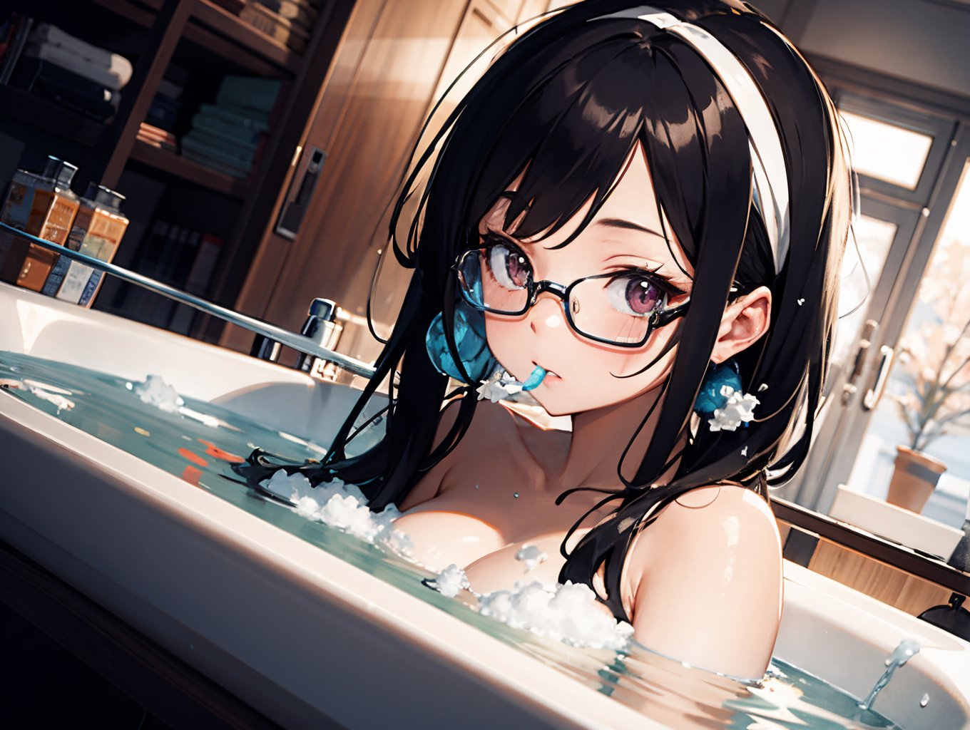 bubble bath, foam mustache, (covered in foam), frosted glasses, take a bath, dutch angle, feet out of frame, (cute girl), (Extremely Detailed Oil Painting:1.2), glow effects, godrays, Hand drawn, render, 8k, octane render, cinema 4d, blender, dark, atmospheric 4k ultra detailed, cinematic sensual, Sharp focus, humorous illustration, big depth of field, Masterpiece, colors, 3d octane render, 4k, concept art, trending on artstation, hyperrealistic, Vivid colors, extremely detailed CG unity 8k wallpaper, trending on ArtStation, trending on CGSociety, Intricate, High Detail, dramatic