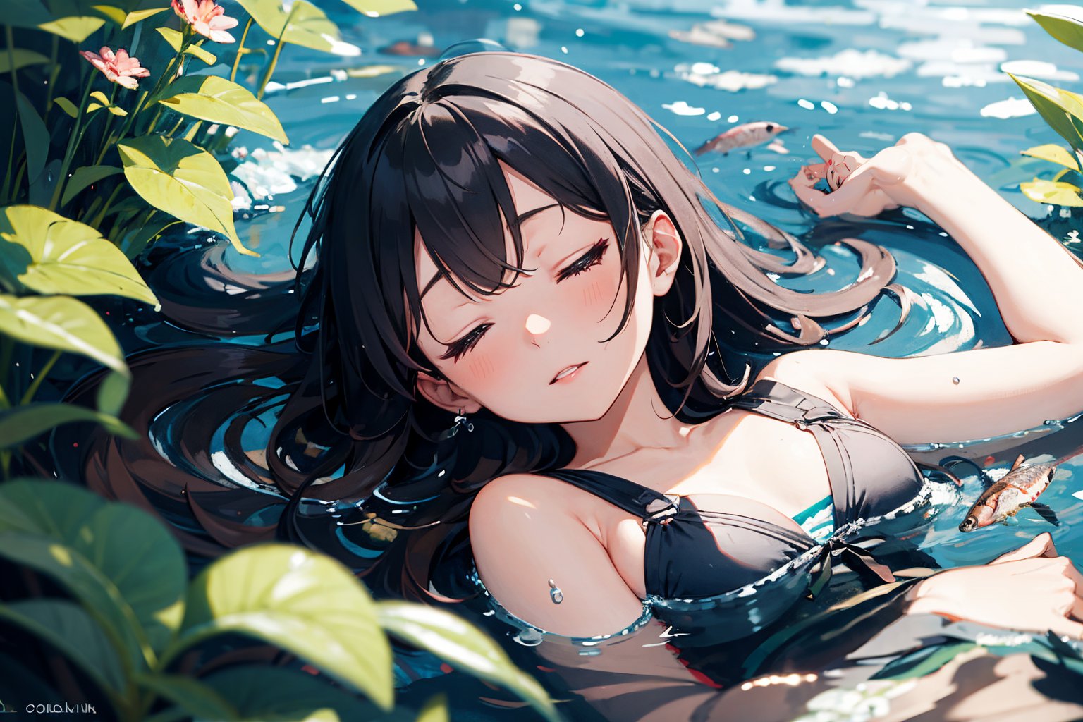 (super detailed), (beautiful background, detailed background),One girl, lying on the water, eyes closed, relaxed, fish around, weeds,(above shot:1.5)