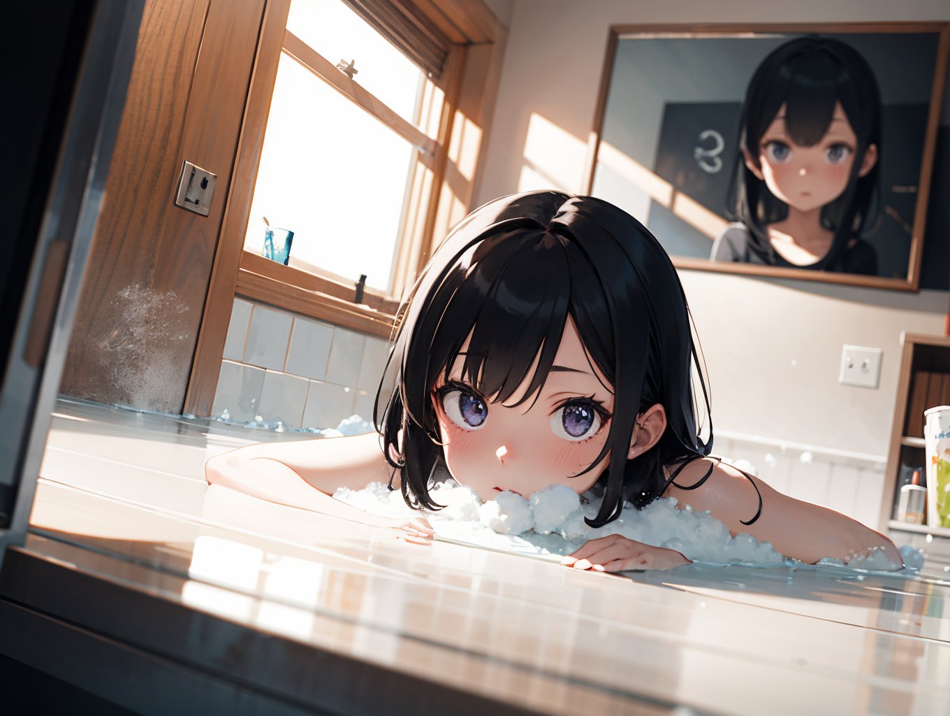 bubble bath, foam mustache, (covered in foam), frosted glasses, take a bath, dutch angle, feet out of frame, (cute girl), (Extremely Detailed Oil Painting:1.2), glow effects, godrays, Hand drawn, render, 8k, octane render, cinema 4d, blender, dark, atmospheric 4k ultra detailed, cinematic sensual, Sharp focus, humorous illustration, big depth of field, Masterpiece, colors, 3d octane render, 4k, concept art, trending on artstation, hyperrealistic, Vivid colors, extremely detailed CG unity 8k wallpaper, trending on ArtStation, trending on CGSociety, Intricate, High Detail, dramatic