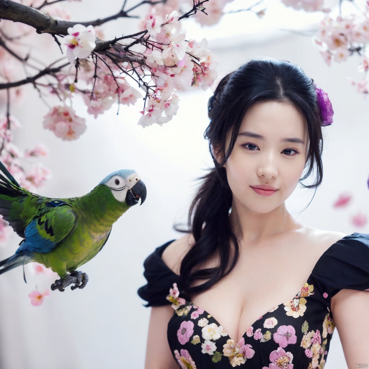  ((masterpiece, best quality))  1girl, solo, looking at viewer, smile, long hair, cleavage,claviclel,big breasts, dress,1parrot , bare shoulders, upper body,black hair, flower, purple dress,parrot on her shoulder cherry blossoms, realistic, liuyife