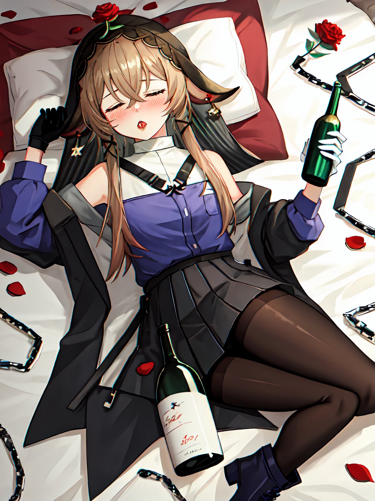 best quality, masterpiece, highres, solo, (pallas:1.15), 
full_body,top_view,
1girl,cow_girl,mouth_open,
sleep,lying down,lie on bed,many_Empty_wine_bottle_scattered,
holding_empty_wine_bottle
brown_hair, bangs,hair_between_eyes,short_hair_with_long_locks,long_hair,sidelocks,
horns, cow_horns,
(close_eyes:1.2),
animal_ears, cow_ears,

veil,(blush:1.2)
white_jacket,jacket,long_sleeves,open_clothes,purple_shirt, shirt,off_shoulder, shirt_open,
black_gloves,gloves,weapon, 
black stockings,leather boots,
flower,red_flower,rose, red_rose,petals,open mouth
,open mouth