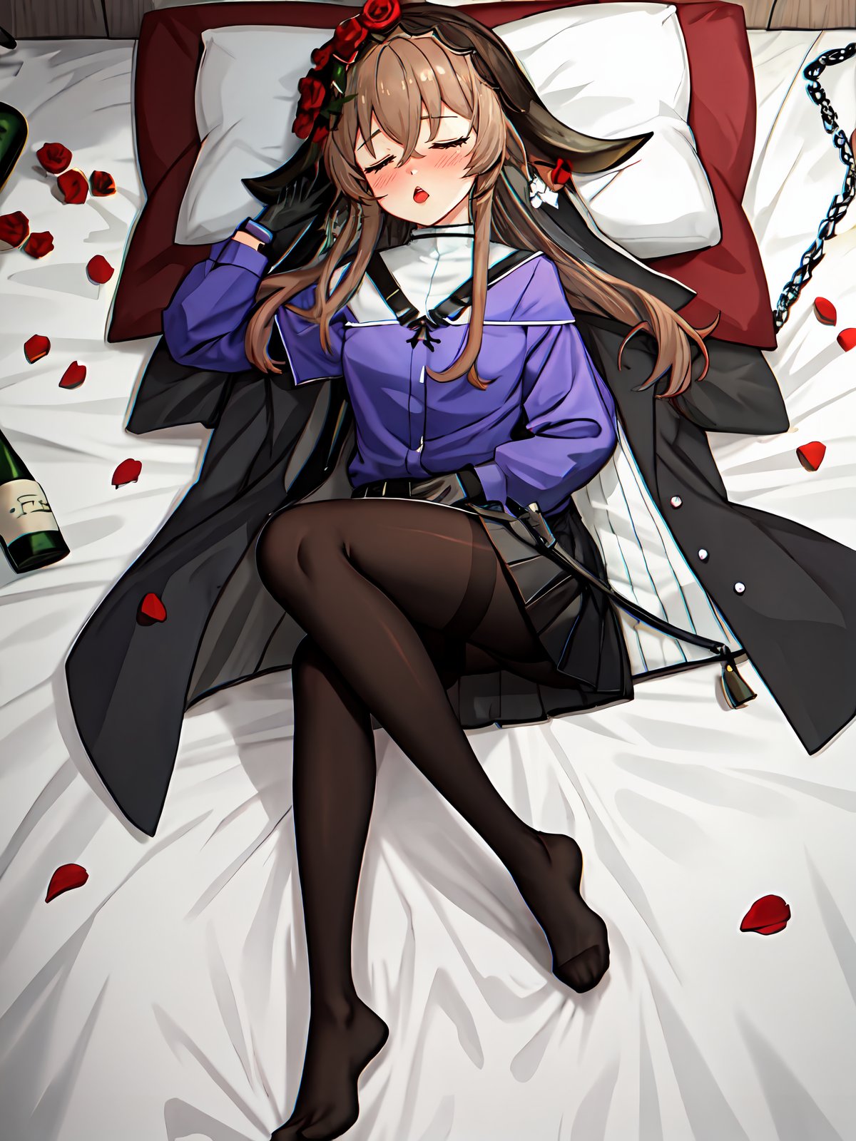 best quality, masterpiece, highres, solo, (pallas:1.15), 
full_body,top_view,
1girl,cow_girl,mouth_open,
sleep,lying down,lie on bed,a_few_Empty_wine_bottle_scattered,
holding_empty_wine_bottle
brown_hair, bangs,hair_between_eyes,short_hair_with_long_locks,long_hair,sidelocks,
horns, cow_horns,
(close_eyes:1.2),
animal_ears, cow_ears,

veil,(blush:1.2)
white_jacket,jacket,long_sleeves,open_clothes,purple_shirt, shirt,off_shoulder, shirt_open,
black_gloves,gloves,weapon, 
black stockings,leather boots,
flower,red_flower,rose, red_rose,petals,open mouth