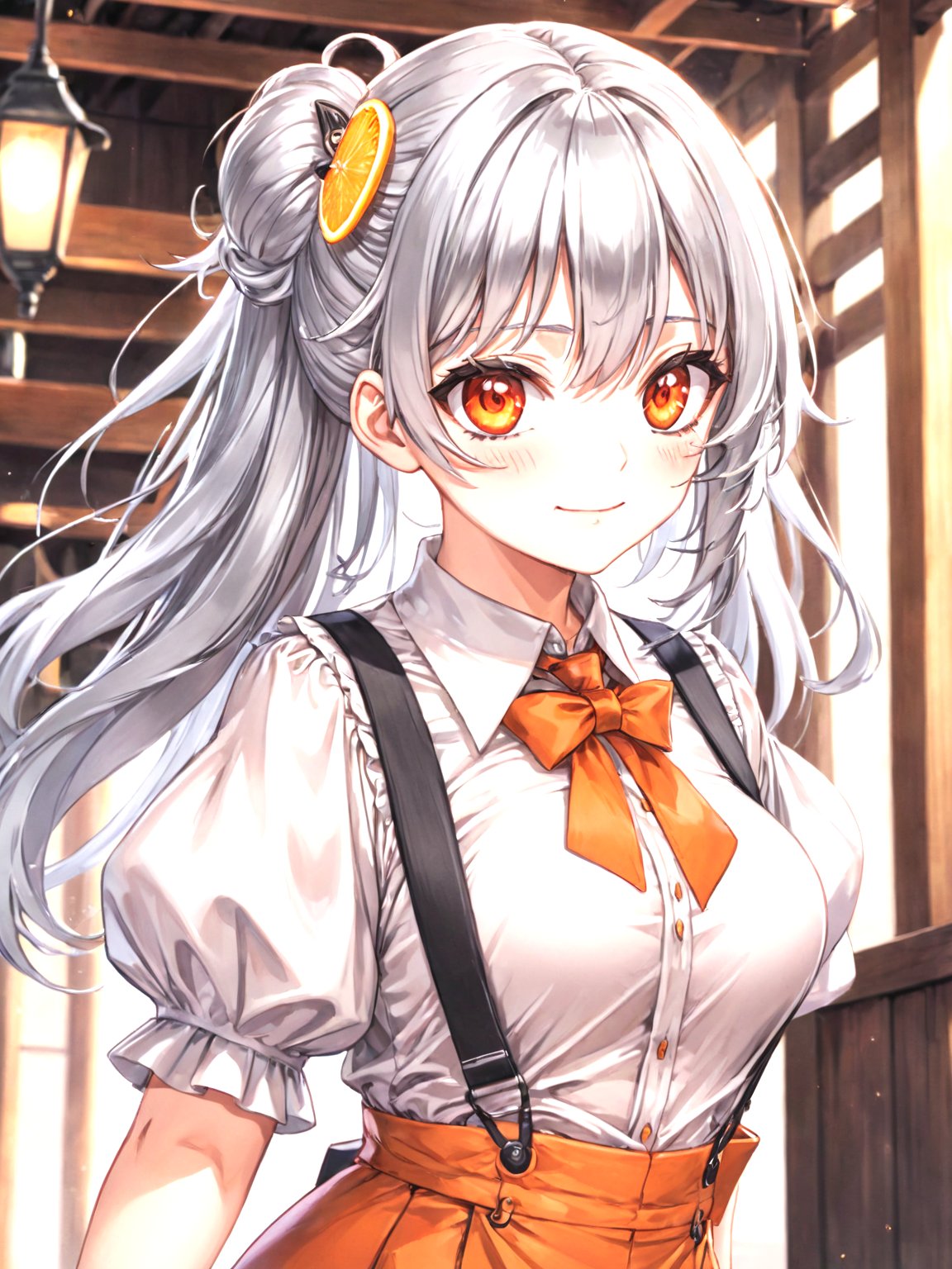 1 girl,solo,orange eyes,happy,silver hair, long hair, bangs,hair_ornament, puffy_sleeves, shirt, short_sleeves, suspenders, <lora:sdxl2-flat2-512b:-0.5>