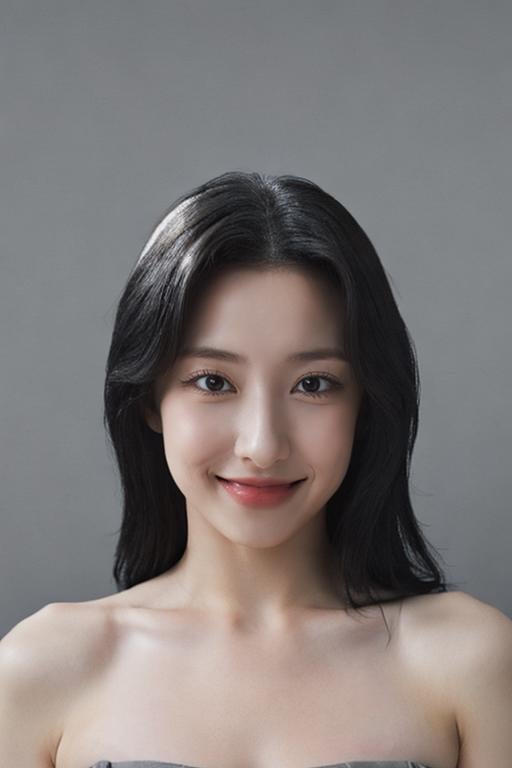 masterpiece, photorealistic:2, top quality, best quality, ((1girl)), (small eyes:1.2), ((bare pectorals)), ((bare chest)), bare head, strapless dress, (((bare shoulders))), (grey simple background:1.5), ((black hair)), smile, long straight hair:1.2, perfect lighting, <lora:eunseolorashy:1>