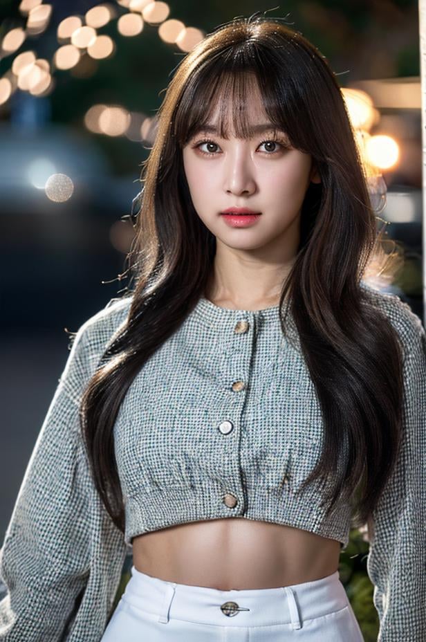 Fujifilm XT3, masterpiece, best quality, (((1girl))), solo, realistic, (bokeh:1.5), (intricate, highly detailed:1.2), ((looking at viewer)), photorealistic, (extremely detailed face), looking at viewer, ((ultra-detailed eyes and pupils)), black eyes, ultra detailed, (standing against a street at night), (night:1.5), crop top, navel, bangs, <lora:soobinlorashy:1>