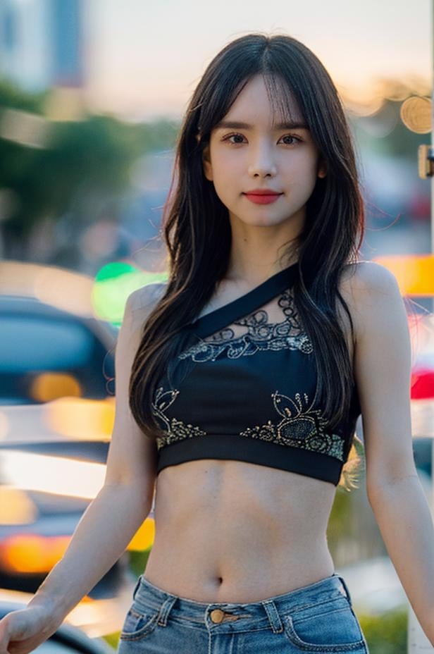 Fujifilm XT3, masterpiece, best quality, (((1girl))), solo, realistic, (bokeh:1.5), (intricate, highly detailed:1.2), ((looking at viewer)), photorealistic, (extremely detailed face), looking at viewer, ((ultra-detailed eyes and pupils)), black eyes, ultra detailed, (standing against a street at night), (night:1.5), crop top, navel, <lora:seolalorashy:1>