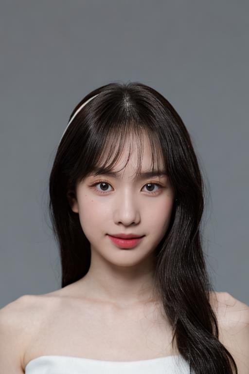 masterpiece, photorealistic:2, top quality, best quality, ((1girl)), (small eyes:1.2),  ((bare pectorals)), ((bare chest)), bare head, nude dress, (((bare shoulders))), (grey simple background:1.2), ((long brown hair)), full bangs, <lora:seolalorashy:1>