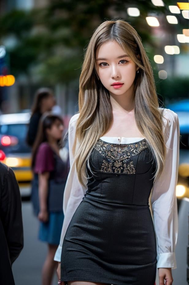 Fujifilm XT3, masterpiece, best quality, (((1girl))), solo, realistic, (bokeh:1.5), (intricate, highly detailed:1.2), ((looking at viewer)), photorealistic, (extremely detailed face), looking at viewer, ((ultra-detailed eyes and pupils)), black eyes, ultra detailed, (standing against a street at night), (night:1.5), dress, <lora:dayounglorashy:1>