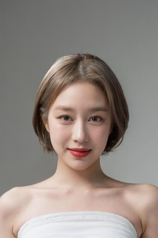 masterpiece, photorealistic:2, top quality, best quality, ((1girl)), (small eyes:1.2), ((bare pectorals)), bare head, (strapless tube top:1.5), strapless dress, (((bare shoulders))), (grey simple background:1.2), symmetrical pose, symmetrical face, ((long hair)), smile, <lora:dayounglorashy:0.85>