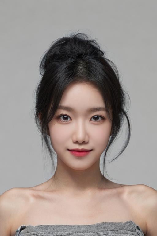 masterpiece, photorealistic:2, top quality, best quality, ((1girl)), (small eyes:1.2), ((bare pectorals)), ((bare chest)), bare head, strapless dress, (((bare shoulders))), (grey simple background:1.5), ((black hair)), long straight hair:1.2, <lora:dawonlorashy:1>