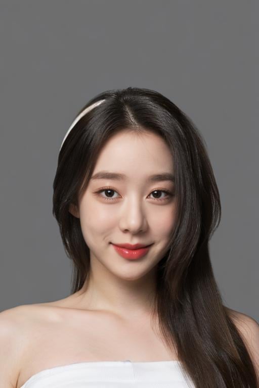 masterpiece, photorealistic:2, top quality, best quality, ((1girl)), (small eyes:1.2), ((bare pectorals)), bare head, (strapless tube top:1.5), strapless dress, (((bare shoulders))), (grey simple background:1.2), symmetrical pose, symmetrical face, ((long hair)), smile, <lora:yeonjunglorashy:0.85>