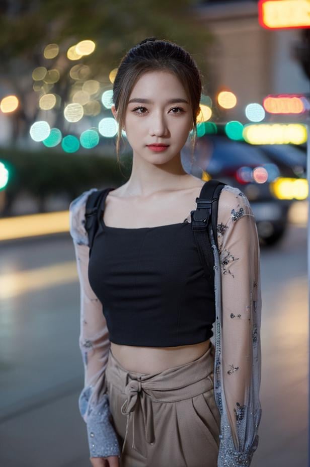 Fujifilm XT3, masterpiece, best quality, (((1girl))), solo, realistic, (bokeh:1.5), (intricate, highly detailed:1.2), ((looking at viewer)), photorealistic, (extremely detailed face), looking at viewer, ((ultra-detailed eyes and pupils)), black eyes, ultra detailed, (standing against a street at night), (night:1.5), crop top, navel, <lora:meiqilorashy:1>