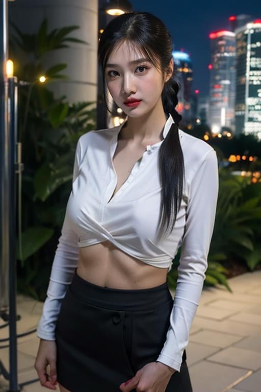 nikon RAW photo,8 k,Fujifilm XT3,close up photo, masterpiece, best quality, 1girl,solo,realistic, photorealistic, (extremely detailed face), looking at viewer,  ultra-detailed eyes and pupils, ultra detailed, high ponytail, serious expression, standing against a city skyline at night, business suits,shirts,Suit skirt, (((abs))), <lora:joylorashy:1>