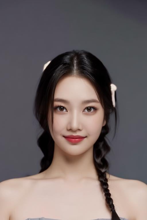 ((1girl)), ((bare pectorals)), bare head, (strapless tube top:1.5), covered chest:1.5, strapless dress, (((bare shoulders))), (plain grey background), symmetrical pose, symmetrical face, studio lighting, looking at viewer, ((braided hair)), black hair, smile, perfect lighting, (Minimalist Light Grey background), <lora:joylorashy:1>