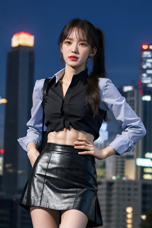 nikon RAW photo,8 k,Fujifilm XT3,close up photo, masterpiece, best quality, 1girl,solo,realistic, photorealistic, (extremely detailed face), ultra-detailed eyes and pupils, ultra detailed, high ponytail, serious expression, slender figure, standing against a city skyline at night, business suits,shirts,Suit skirt, ((abs)), <lora:wendylorashy:1>