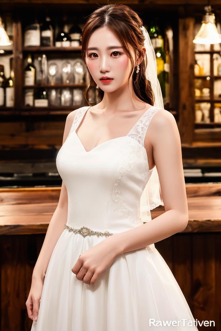 (8k, RAW photo, best quality, masterpiece:1.2), (realistic, photo-realistic:1.2), ultra-detailed, 1girl, a girl standing in front of tavern, upper body, indoor, looking at viewer, cowboy shot, cut-off top, wedding dress