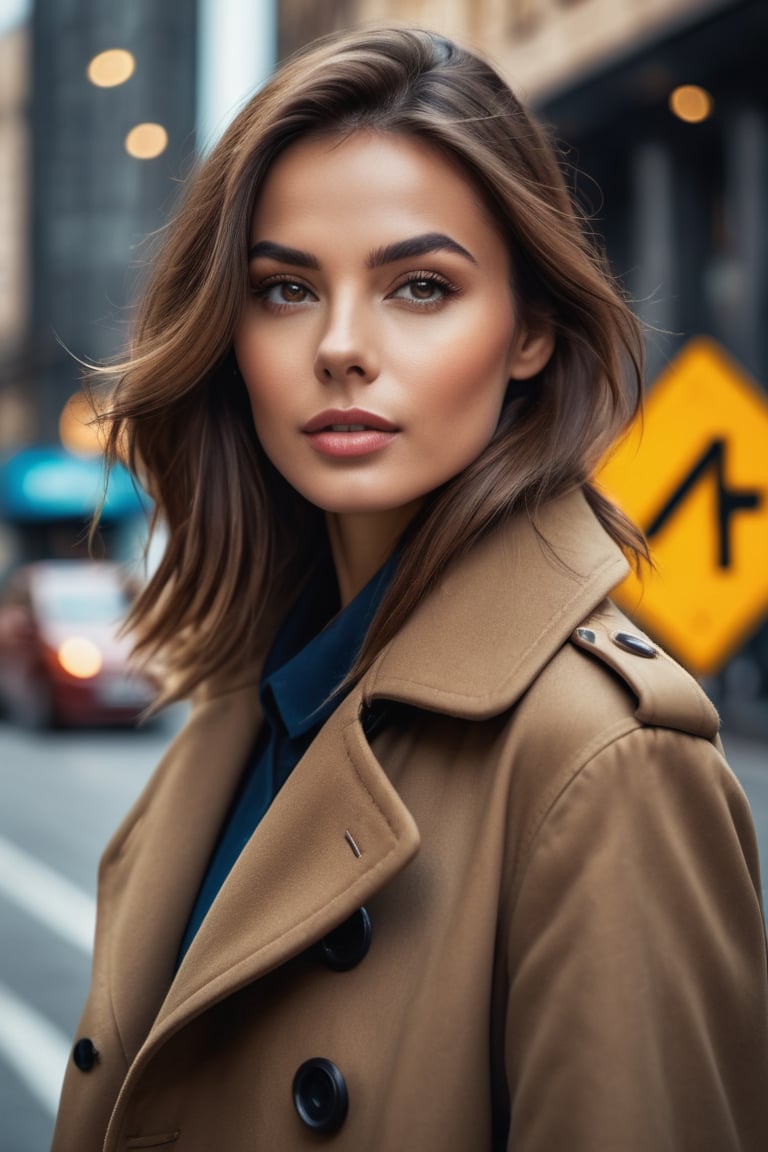 photo of beautiful woman with perfect hair, wearing Road Sign Brown (long coat:1.1),  (space:1.1), closeup portrait, (happy) modelshoot style, (extremely detailed CG unity 8k wallpaper), professional majestic photography, (Leica M6 Camera), 24mm, exposure blend, hdr, faded, extremely intricate, High (Detail:1.1), Sharp focus, dramatic, soft cinematic light, (looking at viewer), (detailed pupils), 4k textures, elegant, ((((cinematic look)))), soothing tones, insane details, hyperdetailed, low contrast, (epicPhoto),r4w photo
