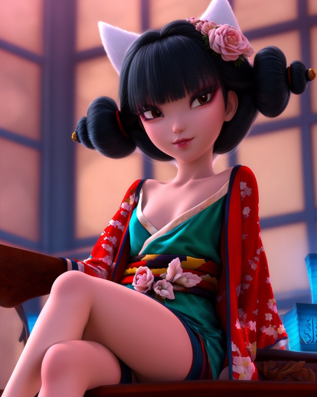 <lora:宝青坊主:0.8>,1girl,solo,animal ears,hair bun,double bun,short kimono,animal ears,black hair,looking at viewer,bangs,sash,crossed legs, 