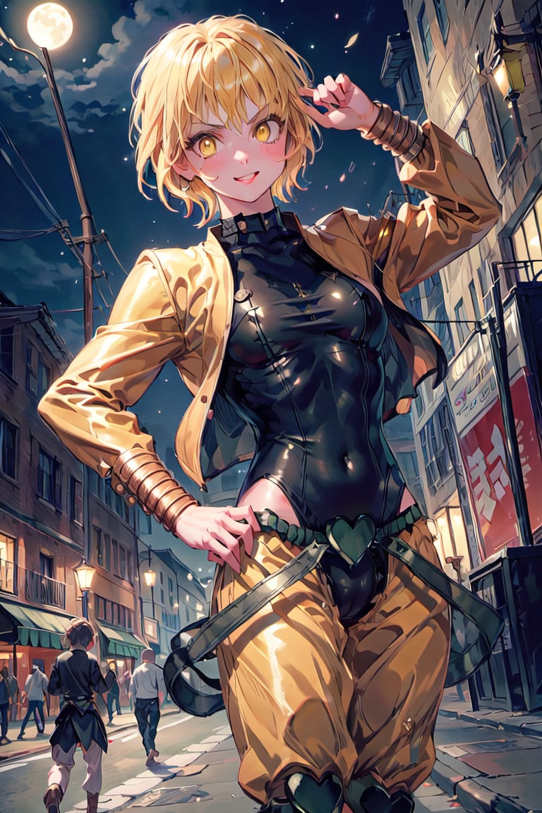 ((outfit-dio:1.4)),  1girl, fountain,  solo, highres,  small_breasts, tiara, gold hair, smile,  solo , solo, milf, curvy,  blush,  looking at viewer,  close mouth, masterpiece,  best_quality,  clear details, 1girl, cross arm,  , don quixote \(limbus company\), golden eyes, city,  on the street,  night,  street lights illuminate, crescent moon, slit pupils, medium full shot,<lora:EMS-179-EMS:0.600000>,<lora:EMS-44702-EMS:1.000000>,<lora:EMS-86039-EMS:1.000000>