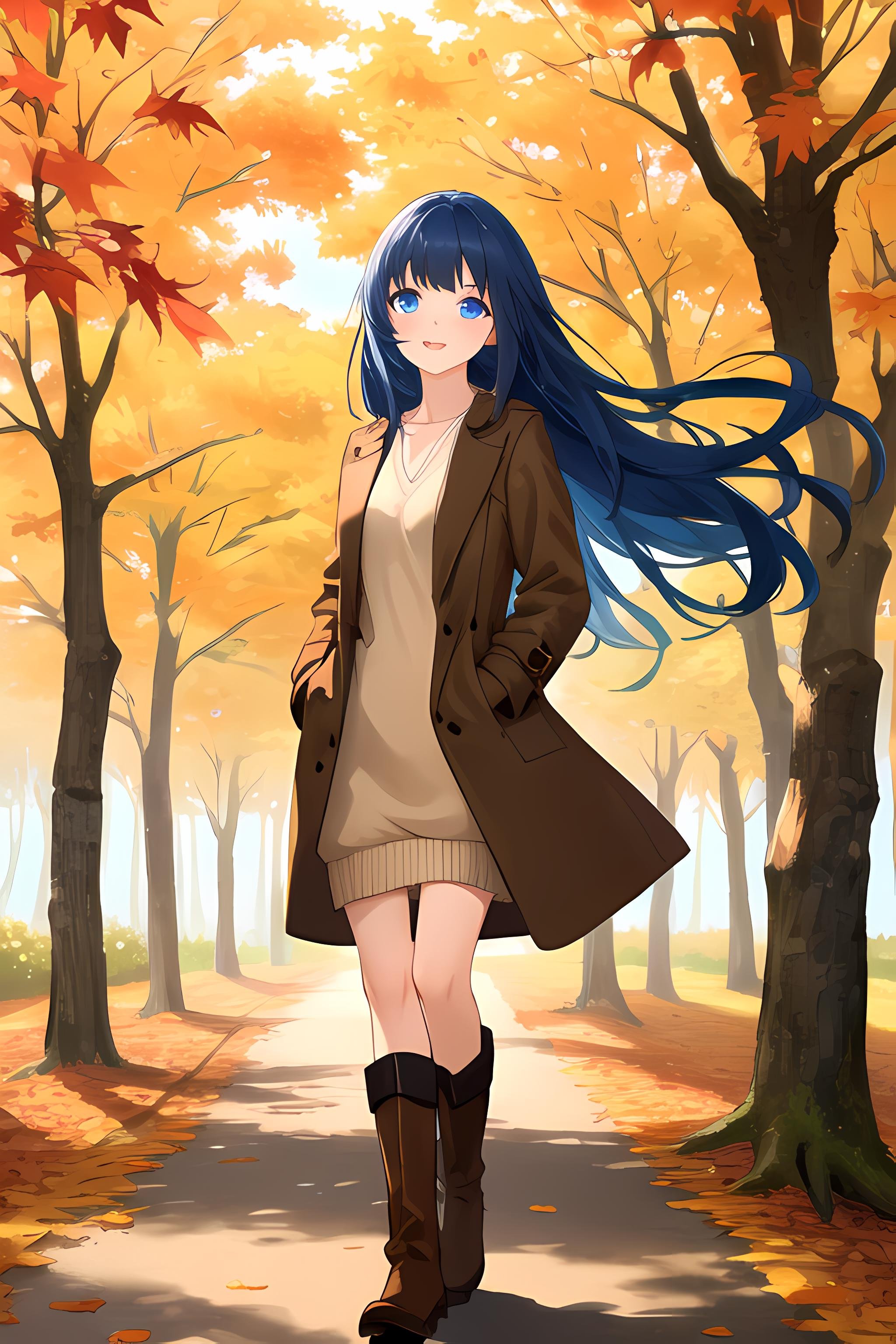 (masterpiece, best quality), 1girl, solo, dark blue hair, very long hair, straight hair, blunt ends, asymmetrical bangs, blue eyes, medium breasts, toned, forest, autumn, autumn leaves, wind, walking, brown coat, beige sweater dress, v-neck, brown leather boots, ankle boots, parted lips, light smile, hands in pockets, looking to the side, cowboy shot