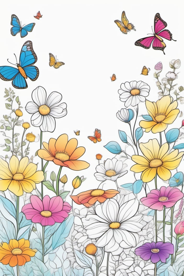 A Coloring book page with a cheerful garden full of blooming flowers,  buzzing bees,  and colorful butterflies. The lines should be simple,  suitable for younger colorists.,<lora:EMS-14860-EMS:1.000000>