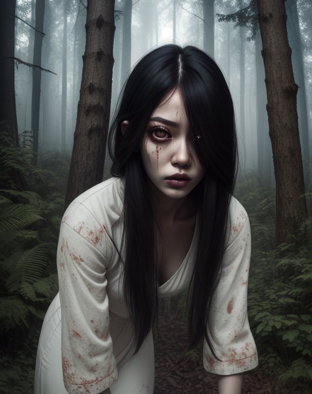 Sadako,long black hair,pale skin,hair over eyes,black eyes,
White dress,dirty clothes,sad,
night,well,forest,
(insanely detailed, beautiful detailed face,beautiful detailed eyes, masterpiece, best quality),,
