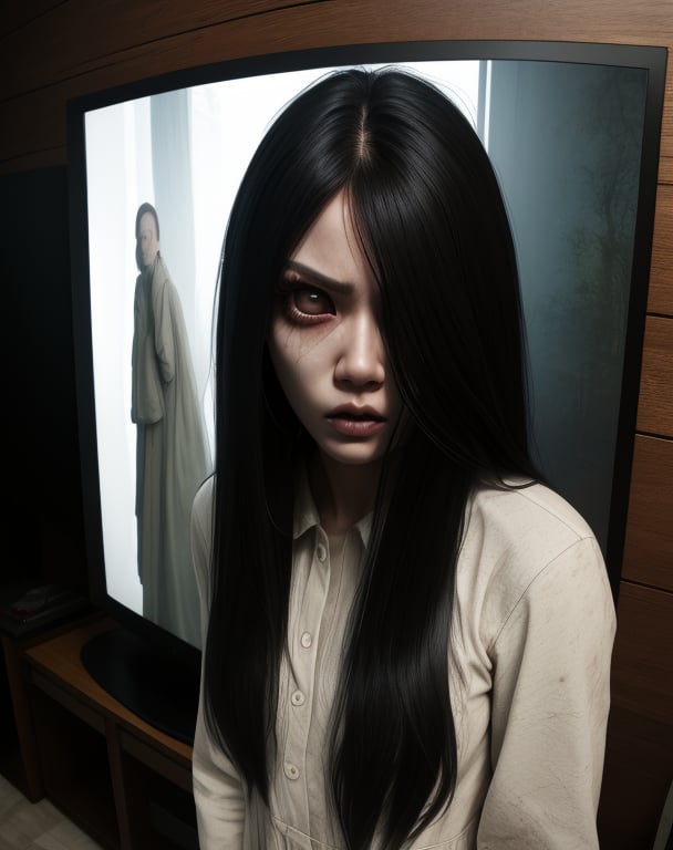 Sadako,long black hair,facing viewer,pale skin,hair over eyes,angry,small breasts,White dress,long sleeves,dirty clothes,
solo,dark room,large TVs,horror \(theme\),
(insanely detailed, beautiful detailed face,beautiful detailed eyes, masterpiece, best quality),,
