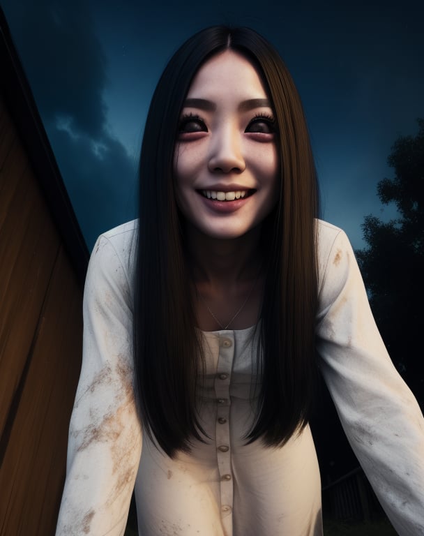 Sadako,long black hair,pale skin,hair over eyes,White dress,long sleeves,dirty clothes,smile,black eyes,
serious,from below,
solo,dark room,well,night,
(insanely detailed, beautiful detailed face,beautiful detailed eyes, masterpiece, best quality),,
