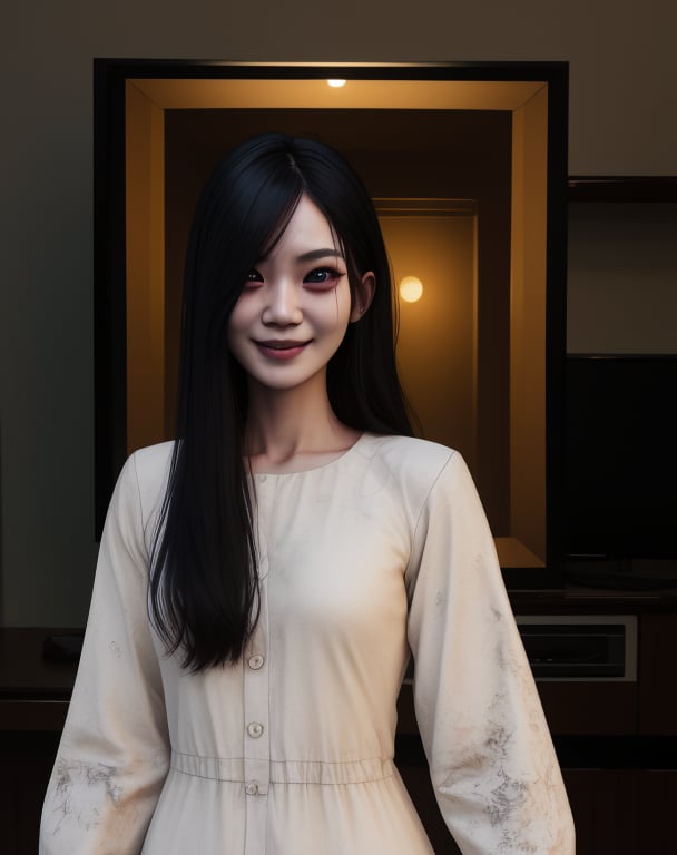 Sadako,long black hair,pale skin,hair over eyes,White dress,long sleeves,dirty clothes,smile,
standing,upper body,
solo,dark room,large TVs,
(insanely detailed, beautiful detailed face,beautiful detailed eyes, masterpiece, best quality),,
