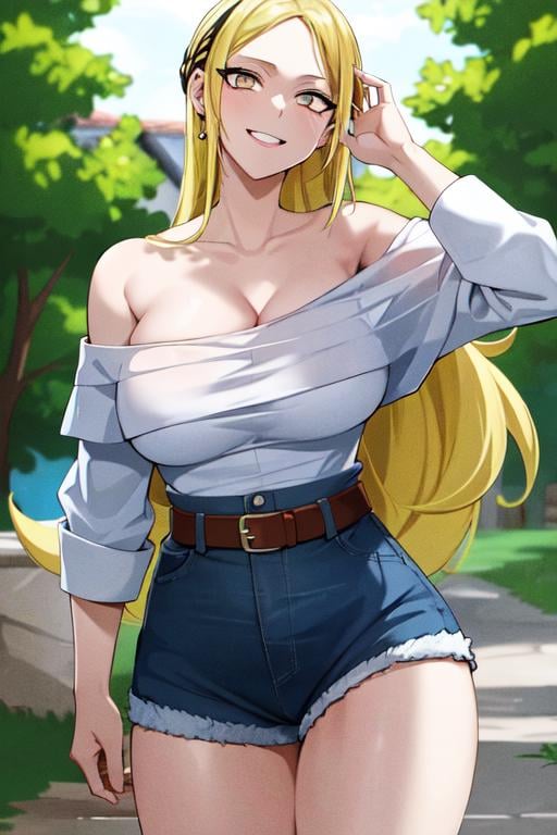 masterpiece, best quality, absurdres, perfect antomy, cowboy shot, standing, 1girl, solo, Mira Kamiunten, long hair, large breasts, outdoors, off-shoulder shirt, denim shorts, smile