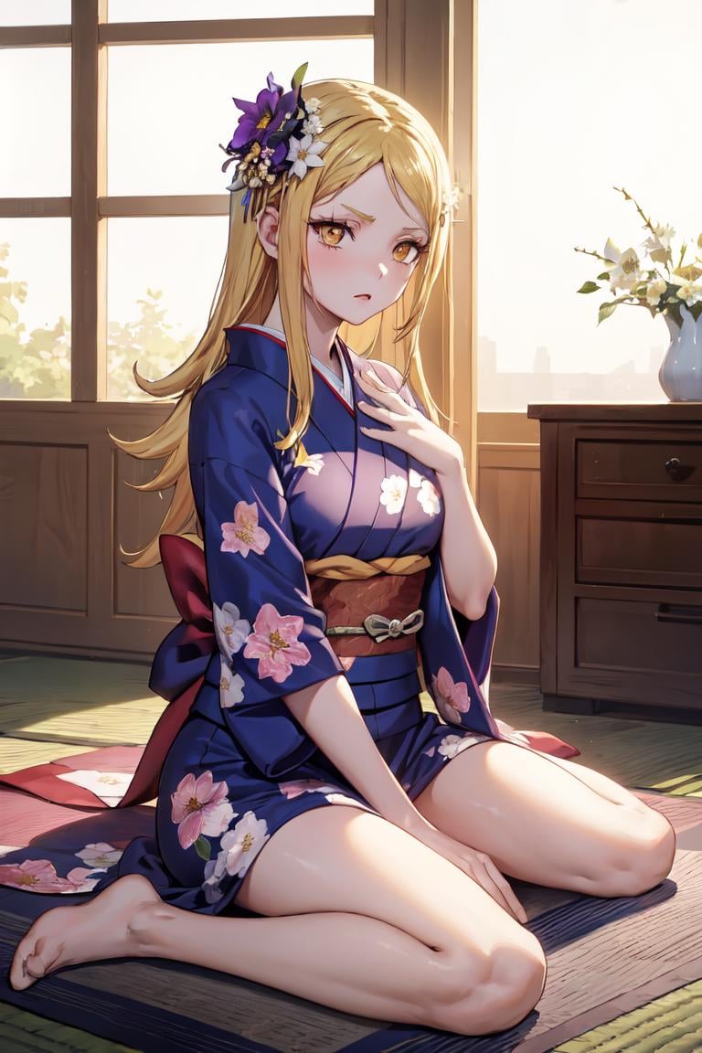 masterpiece, best quality, absurdres, perfect anatomy, 1girl, solo, MiraKamiunten, streaked hair, indoors, kimono, hair flower, floral print, wariza, sitting, hands on own knees, <lora:MiraKamiuntenV2:0.9>