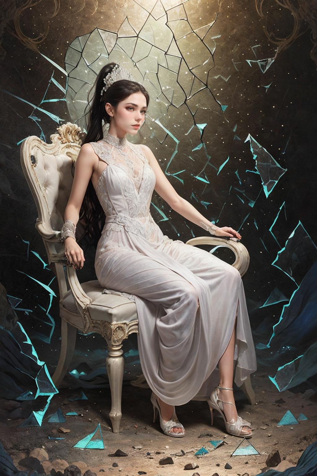 1girl,sitting_on_chair,elegant posture,(broken glass:1.3),mirror,elegant,intricate,highly detailed,(upper_body:1.2),digital photography,<lora:Lws mural_20231112215331:0.6>,