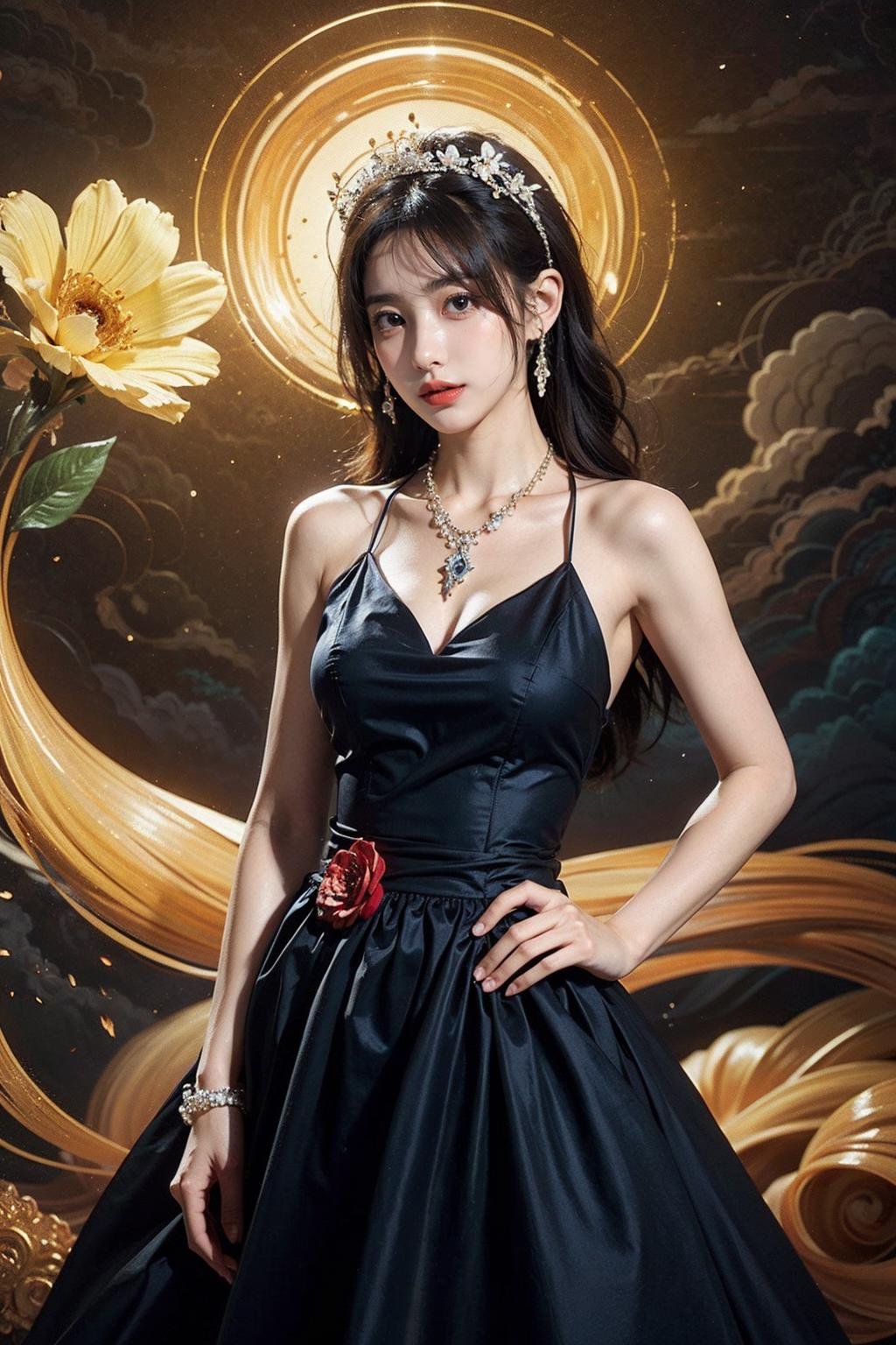 1girl,jewelry,dress,solo,necklace,flower,hair ornament,colorful dress,best quality,official art,8k wallpaper,highly detailed,illustration,the whole body,detailed eyes,<lora:Lws mural_20231112121239:0.5>,