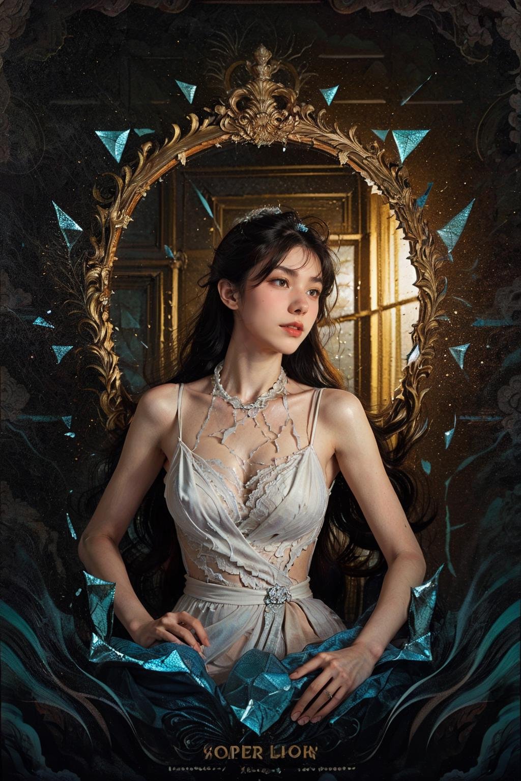 1girl,sitting_on_chair,elegant posture,(broken glass:1.3),mirror,elegant,intricate,highly detailed,(upper_body:1.2),digital photography,<lora:Lws mural_20231112121239:0.7>,