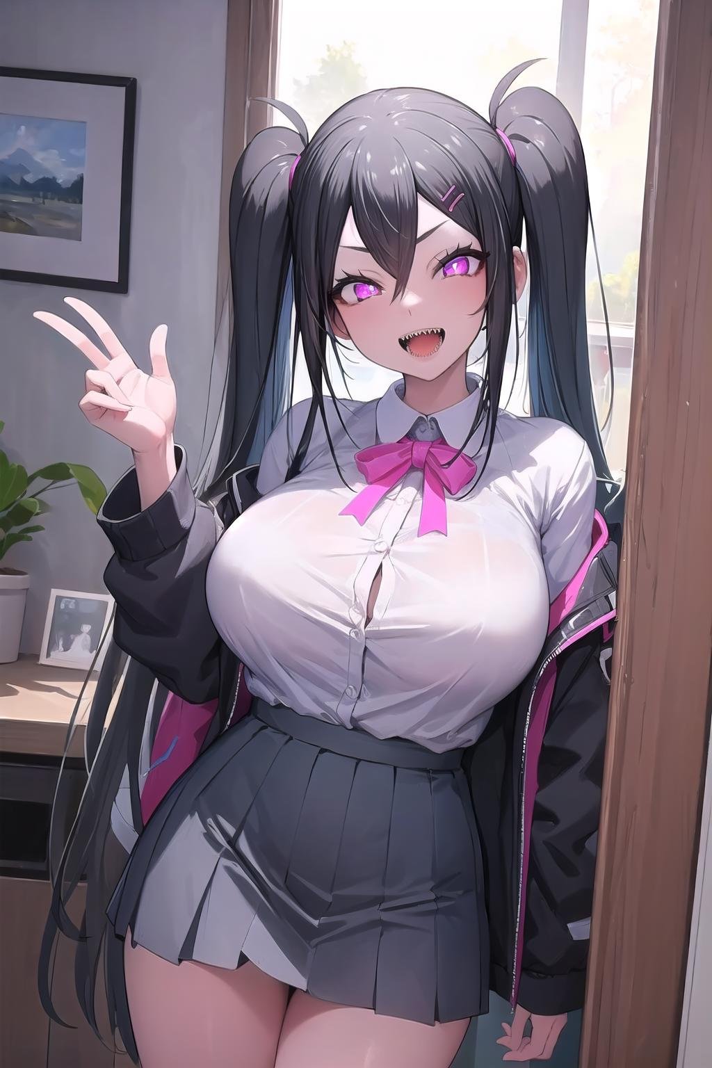 (masterpiece:1.3),(highly detailed:1.3),(highres:1.1),best quality,Ultra-detail,indoors,jeloyuukinanase,solo,pink eyes,sharp teeth,(bright pupils),hair ornament,hairclip,twintails,shirt,skirt,looking at viewer,smile,open mouth,<lora:yuuki_nanase:1>,