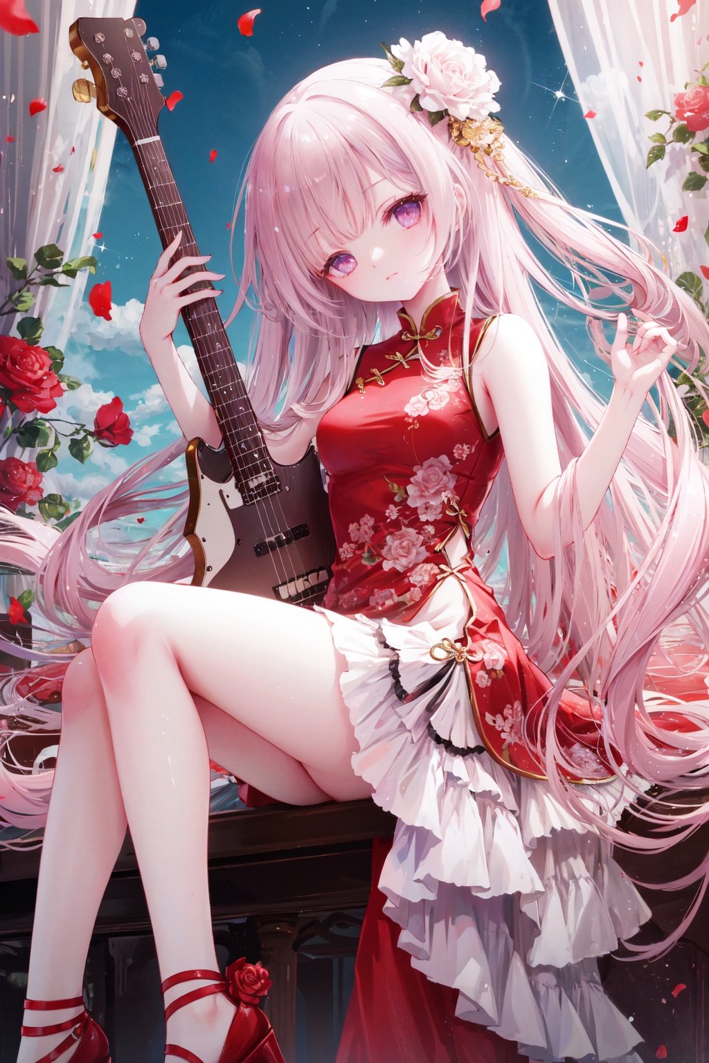 1girl, one eye closed, instrument, pink hair, ;d, open mouth, dress, sleeveless, flower, sleeveless dress, smile, long hair, solo, pink flower, purple eyes, holding instrument, looking at viewer, guitar, holding, petals, rose, floating hair, chinese clothes, red footwear, pink rose, high heels, bangs, head tilt, shiny, blush, ribbon, hair ornament, white flower, pink dress, page number, hair flower, very long hair, china dress, hair ribbon<lora:tinklehdLycoris:0.5>,