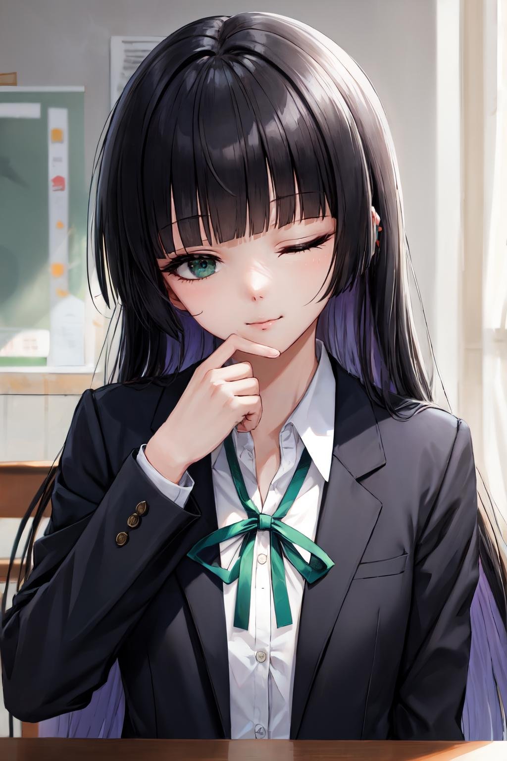 pa san, black jacket, neck ribbon, white shirt, one eye closed, blunt bangs, long sleeves, school uniform, ribbon, long hair, upper body, jacket, 1girl, blue eyes, closed mouth, collared shirt, looking at viewer, solo, blazer, shirt,green eyes<lora:pa_san:1> 