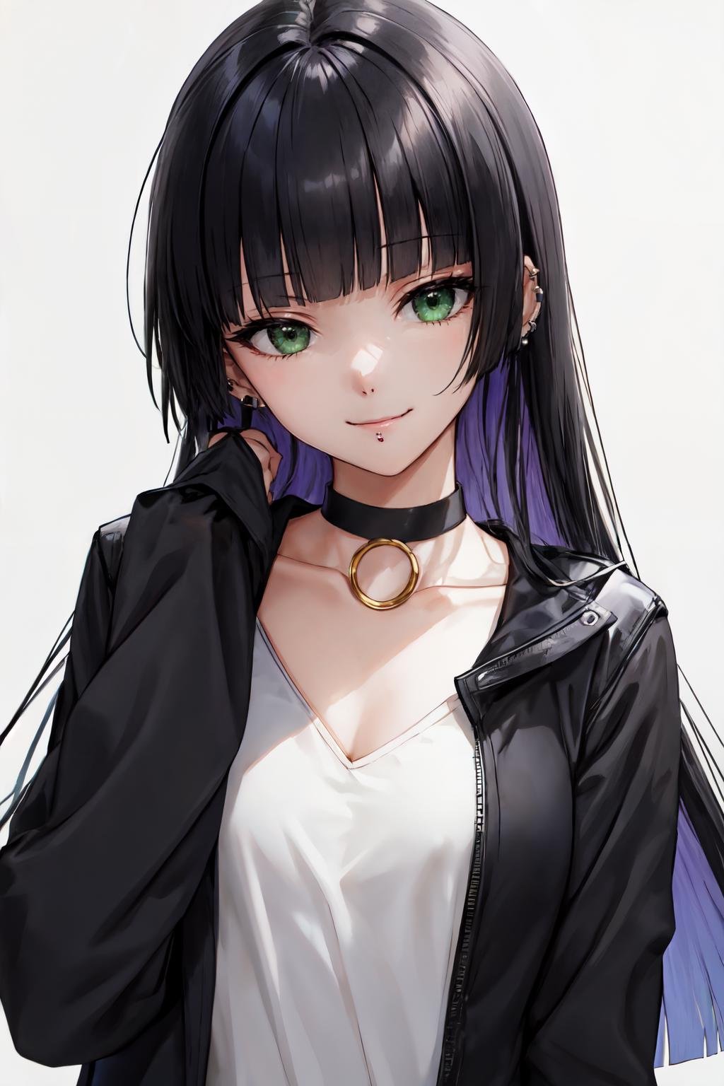 pa san, black jacket, smile, collarbone, black choker, blunt bangs, long sleeves, long hair, upper body, jacket, 1girl, closed mouth, white background, looking at viewer, solo, jewelry, simple background, shirt,green eyes<lora:pa_san:1> 