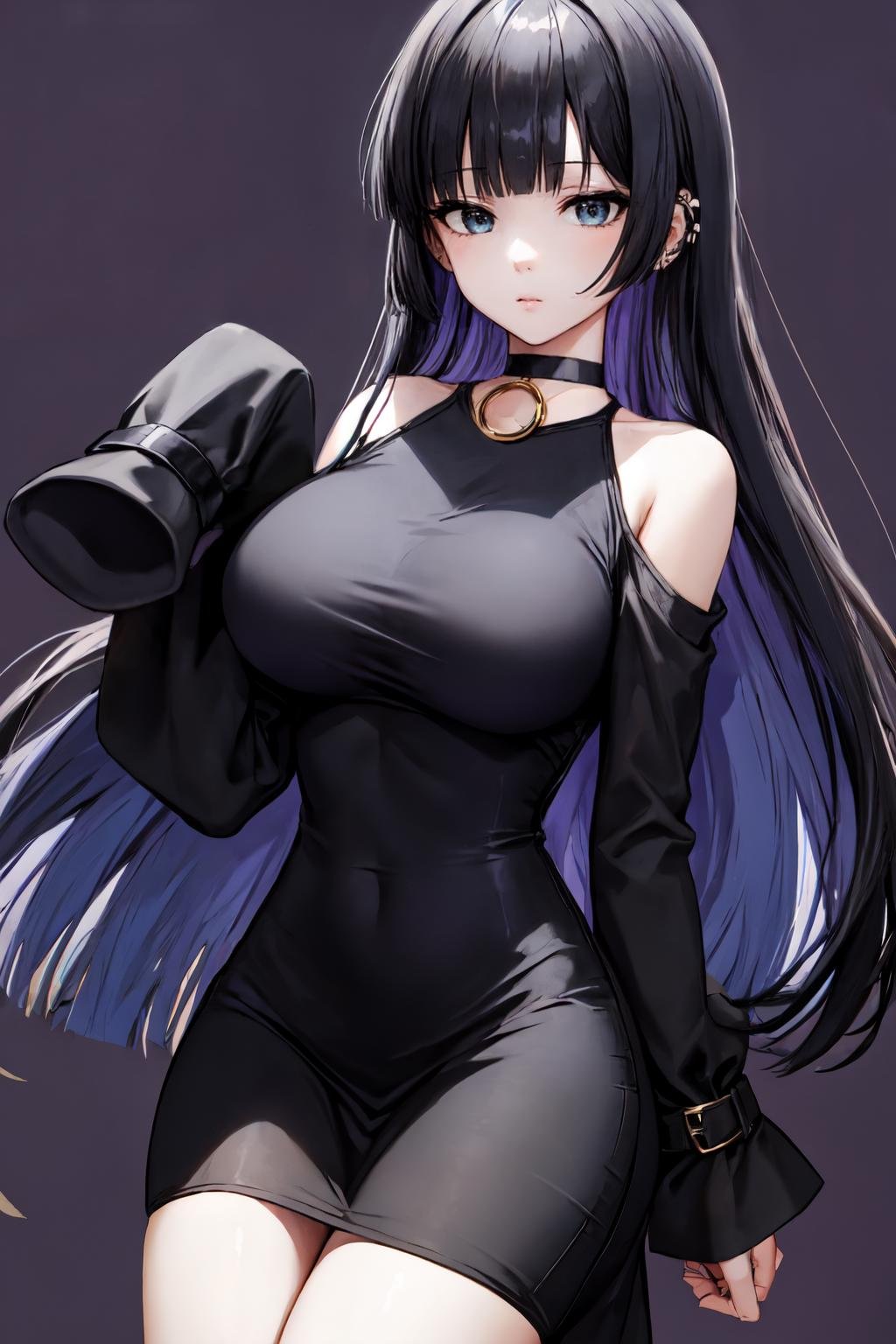 pa san, dress, choker, black choker, shoulder cutout, blunt bangs, blue hair, long sleeves, clothing cutout, sleeves past wrists, long hair, 1girl, looking at viewer, solo, purple background, large breasts, simple background, black dress, sleeves past fingers<lora:pa_san:1> 