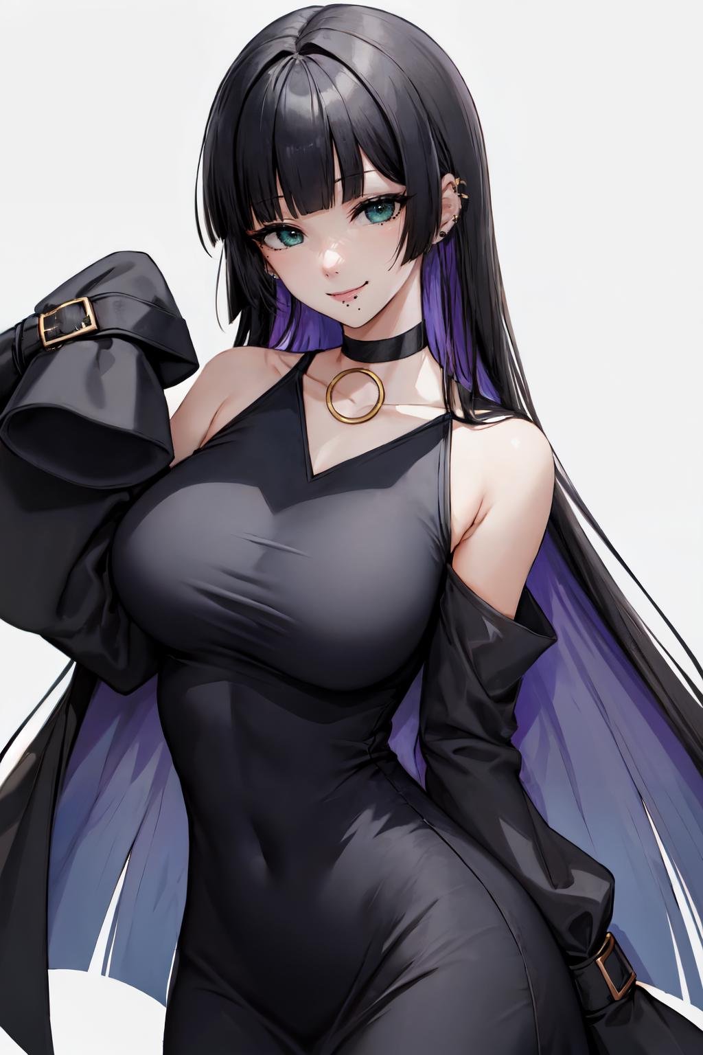 pa san, dress, choker, smile, collarbone, bare shoulders, black choker, blunt bangs, long sleeves, earrings, sleeves past wrists, long hair, mole under mouth, 1girl, blue eyes, white background, looking at viewer, mole, solo, jewelry, large breasts, simple background, black dress, sleeves past fingers,green eyes  <lora:pa_san:1> 