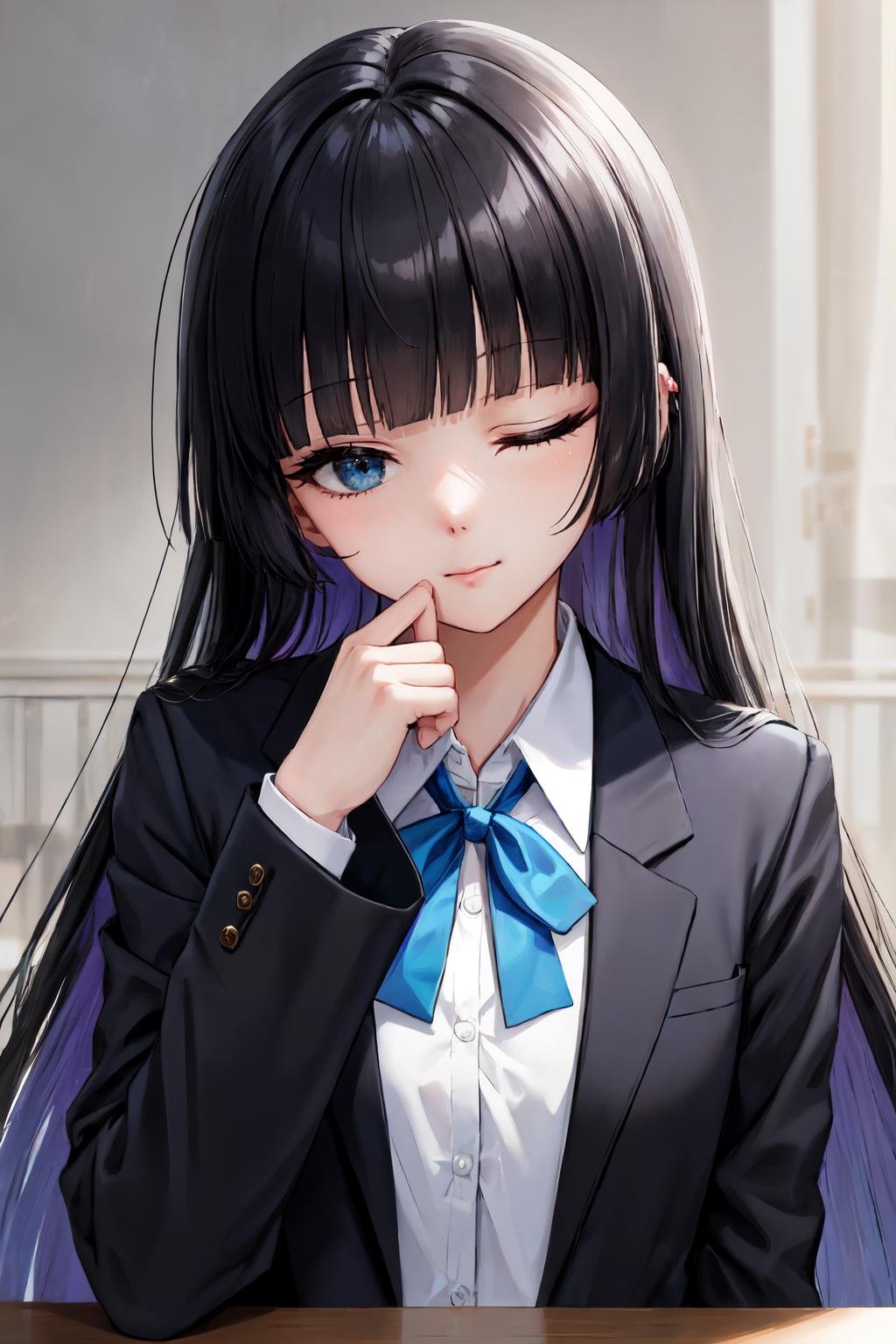 pa san, black jacket, neck ribbon, white shirt, one eye closed, blunt bangs, long sleeves, school uniform, ribbon, long hair, upper body, jacket, 1girl, blue eyes, closed mouth, collared shirt, looking at viewer, solo, blazer, shirt<lora:pa_san:1> 