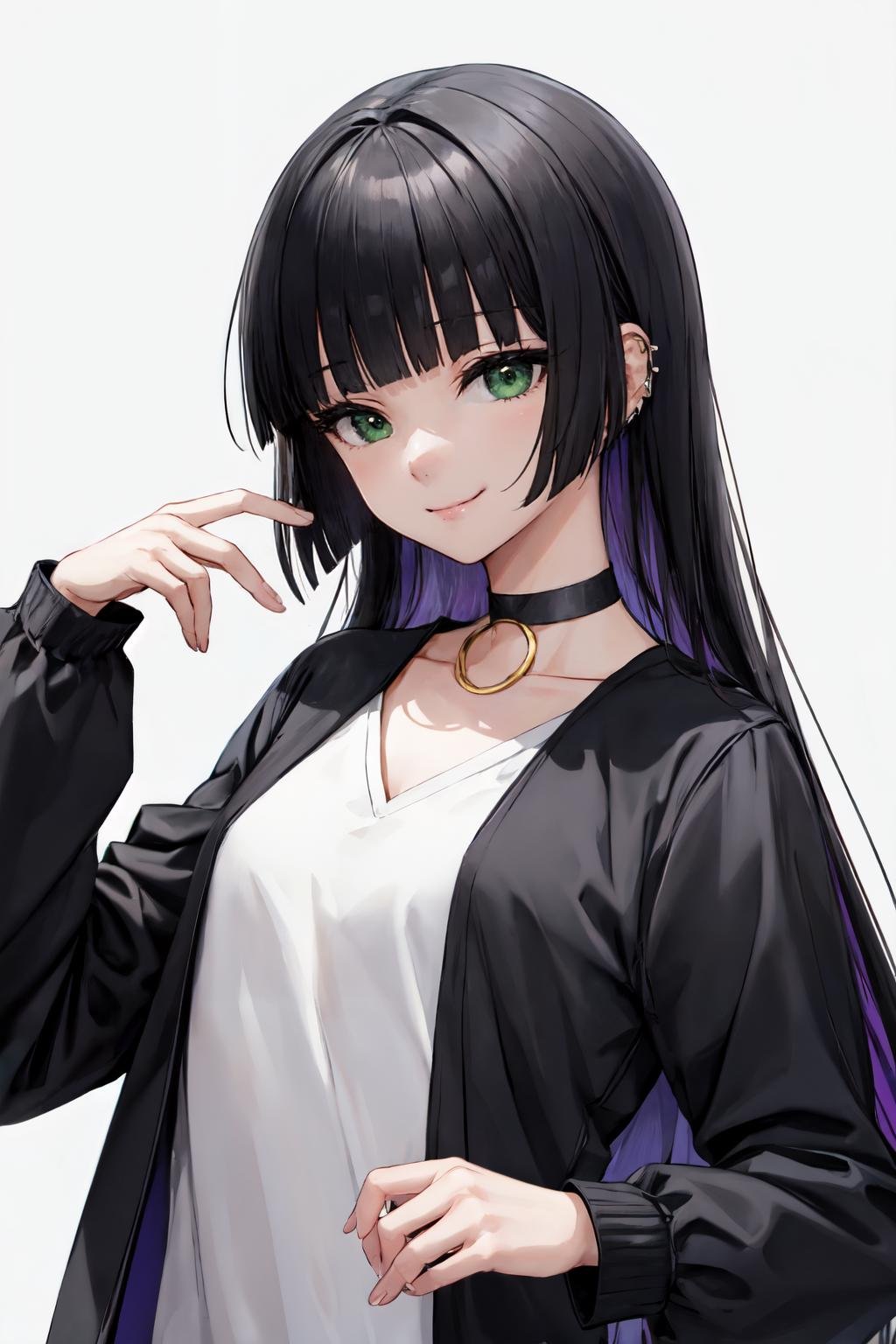 pa san, black jacket, smile, collarbone, black choker, blunt bangs, long sleeves, long hair, upper body, jacket, 1girl, closed mouth, white background, looking at viewer, solo, jewelry, simple background, shirt,green eyes<lora:pa_san:1> 