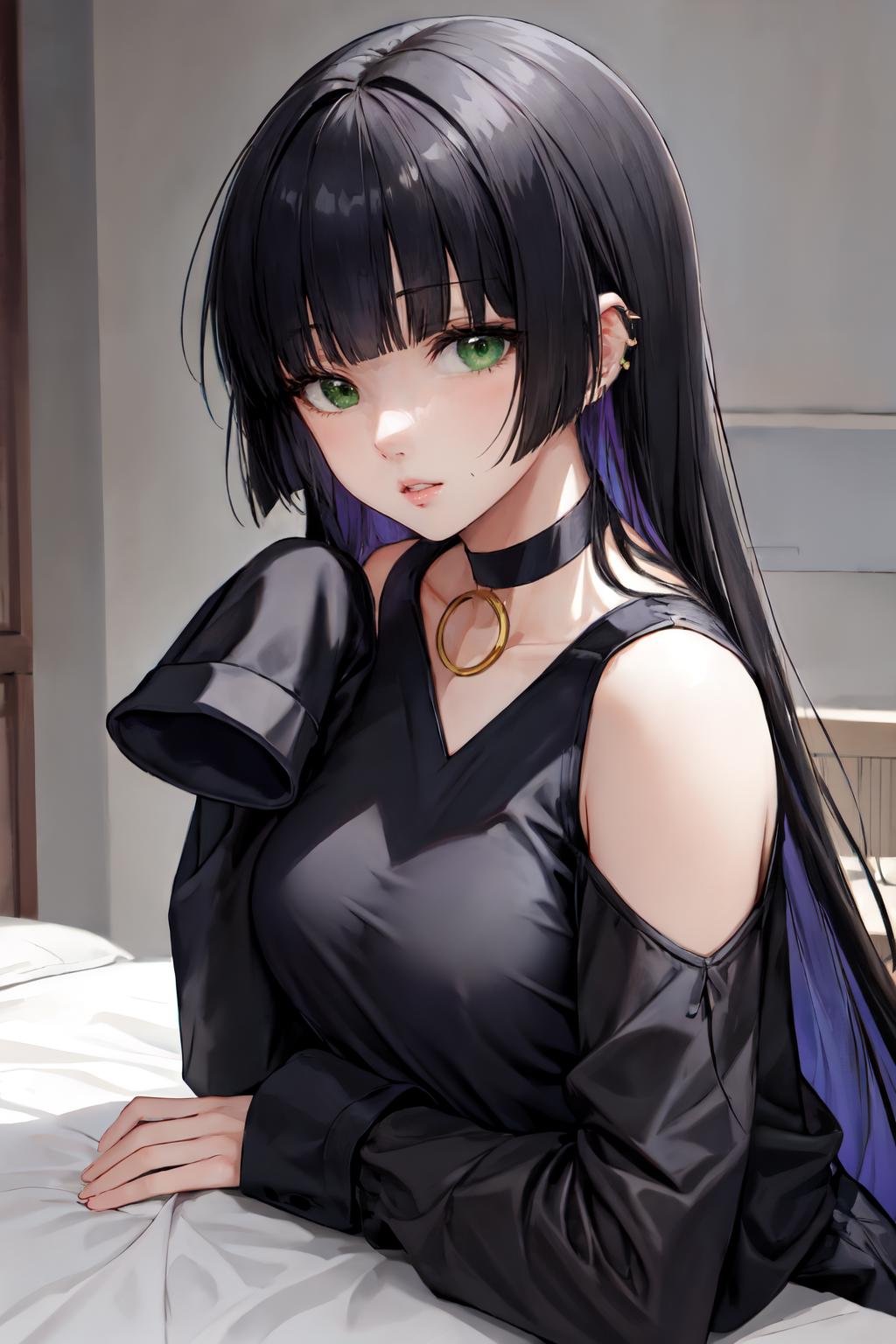 pa san, choker, bare shoulders,green eyes, black choker, straight hair, shoulder cutout, blunt bangs, hime cut, long sleeves,   long hair, upper body, 1girl, looking at viewer, parted lips, solo, simple background, sleeves past fingers , bedroom<lora:pa_san:1> 