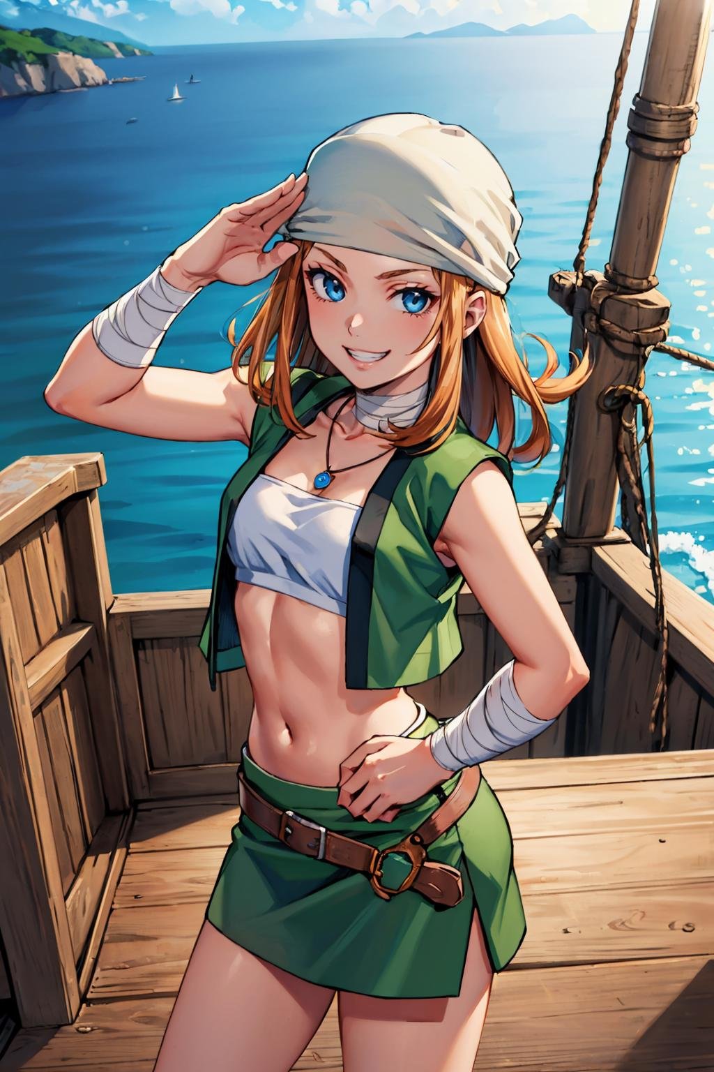 masterpiece, best quality, <lora:ysterra-nvwls-v1-000009:0.9> ysterra, bandana, necklace, bandeau, green vest, green skirt, bandages, looking at viewer, pirate ship, cowboy shot, boat, ocean, standing, salute, grin, from above