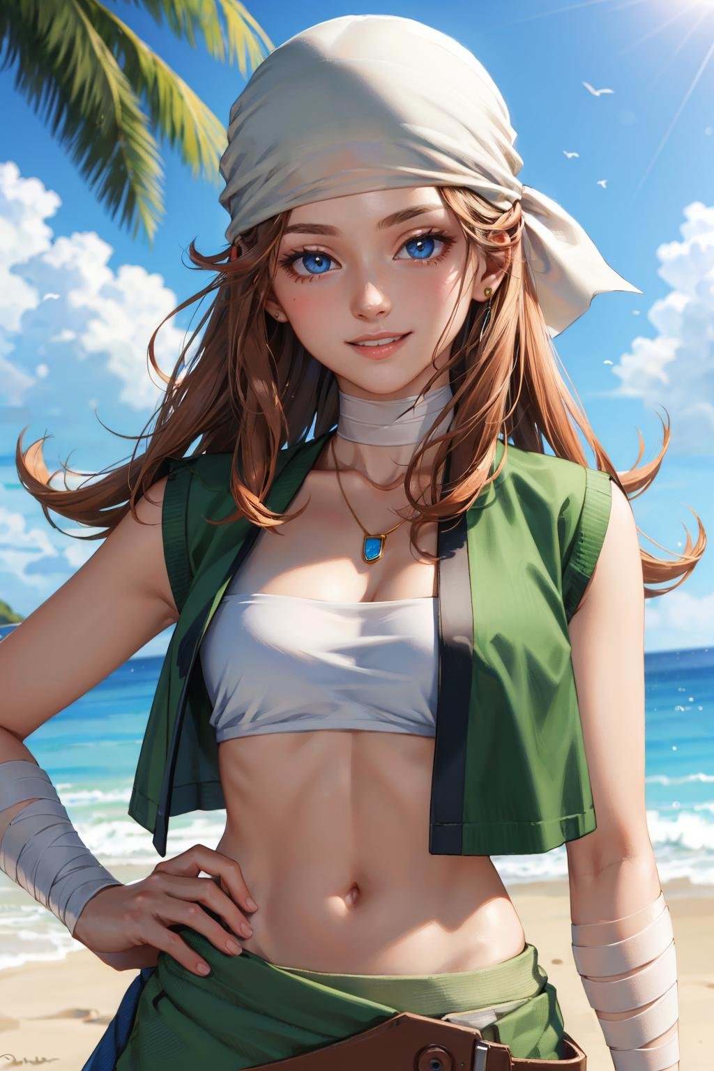 masterpiece, best quality, <lora:ysterra-nvwls-v1-000009:0.9> ysterra, bandana, necklace, bandeau, green vest, green skirt, bandages, ocean, looking at viewer, smile, upper body, blue sky