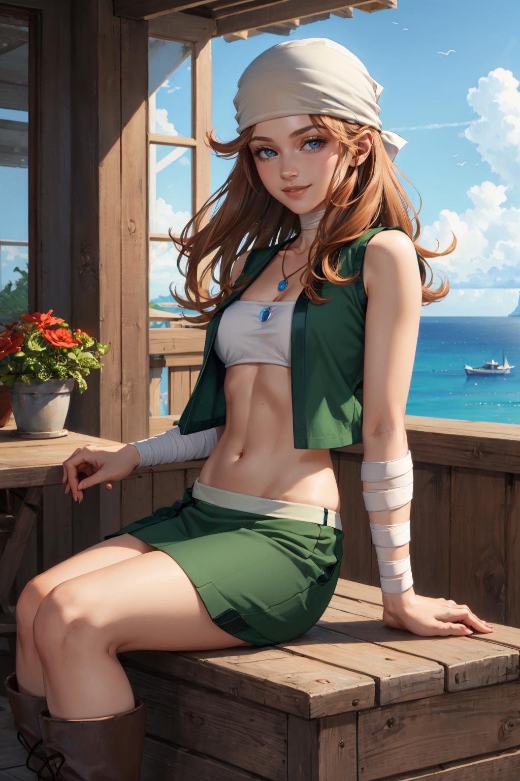 masterpiece, best quality, <lora:ysterra-nvwls-v1-000009:0.9> ysterra, bandana, necklace, bandeau, green vest, green skirt, bandages, looking at viewer, cowboy shot, village, smile, ocean, brown boots, sitting