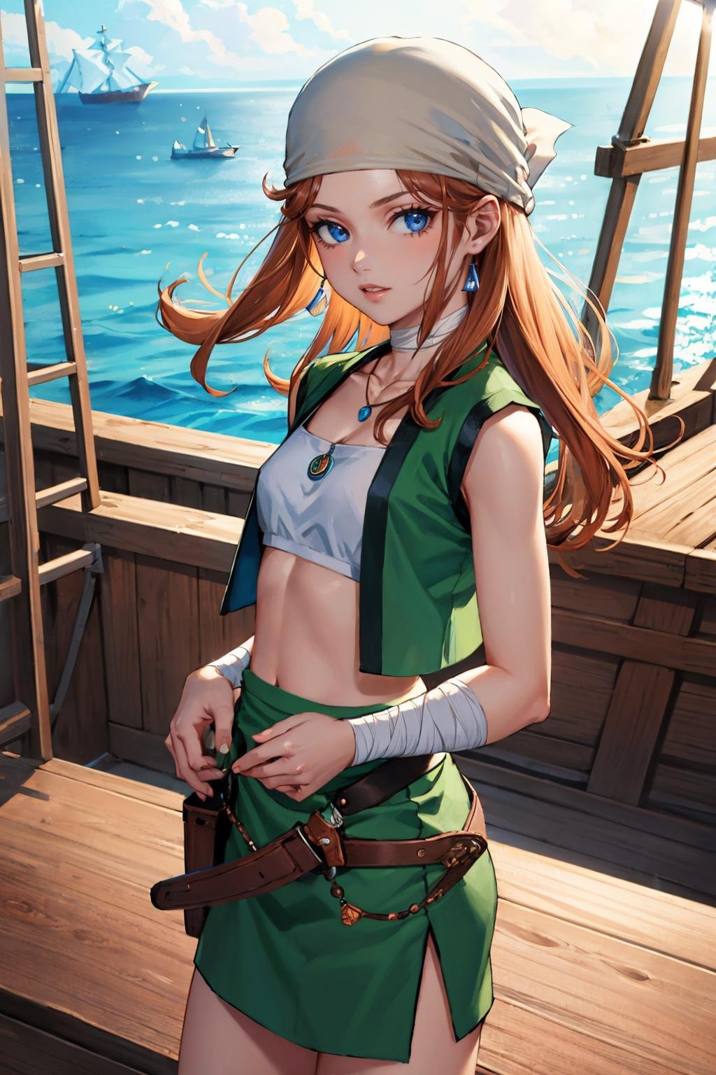 masterpiece, best quality, <lora:ysterra-nvwls-v1-000009:0.9> ysterra, bandana, necklace, bandeau, green vest, green skirt, bandages, looking at viewer, pirate ship, cowboy shot, boat, ocean, standing